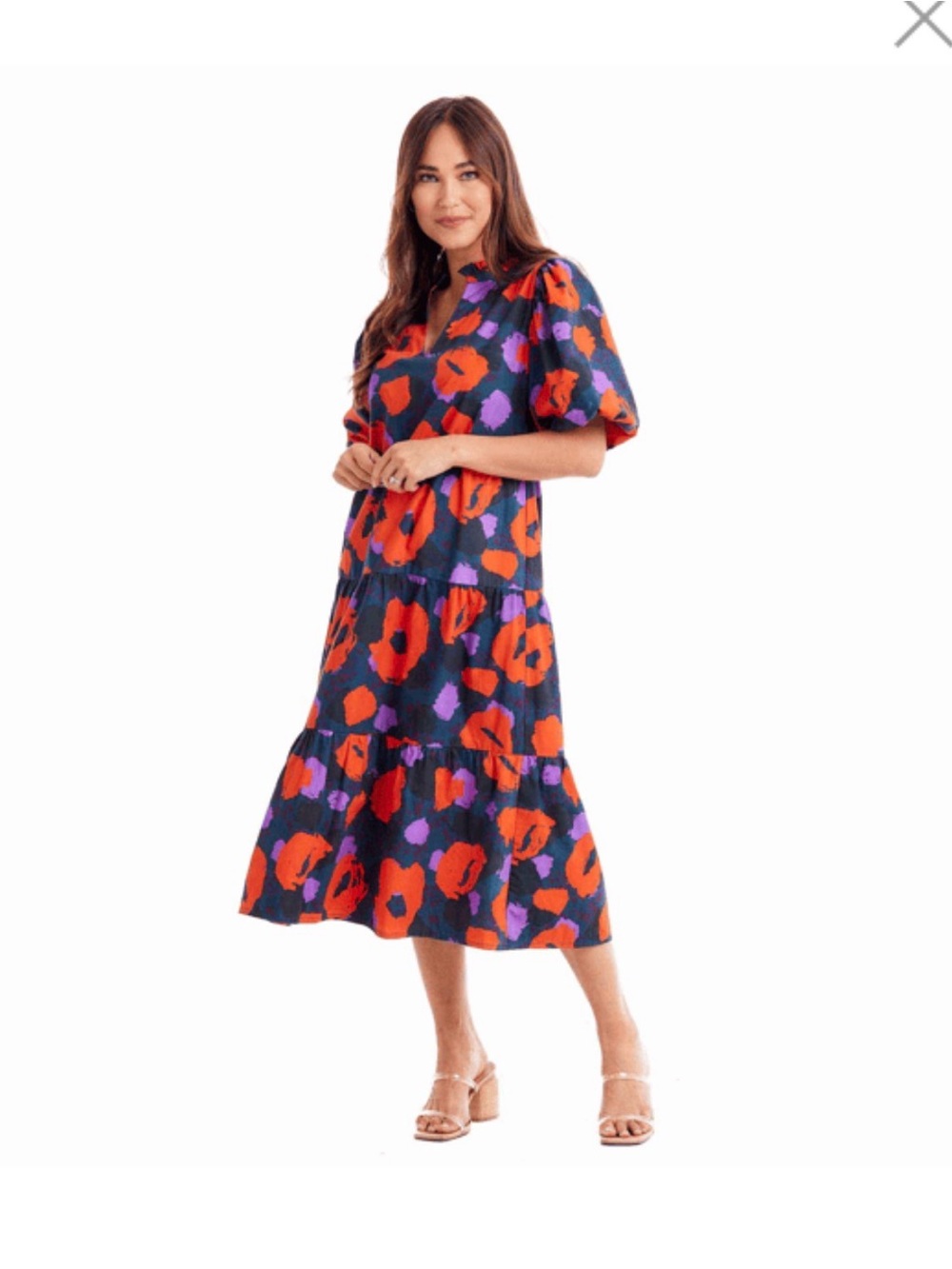 Mud Pie Navy Midi Dress with Red & Purple Floral Print